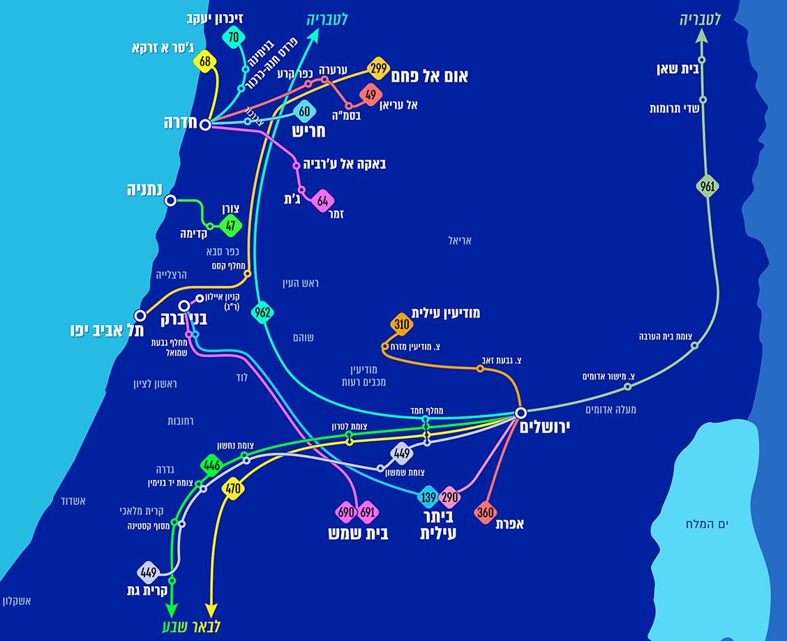 מפת מסלולי כל הקווים הנגישים במחוז המרכז ומחוז ירושלים